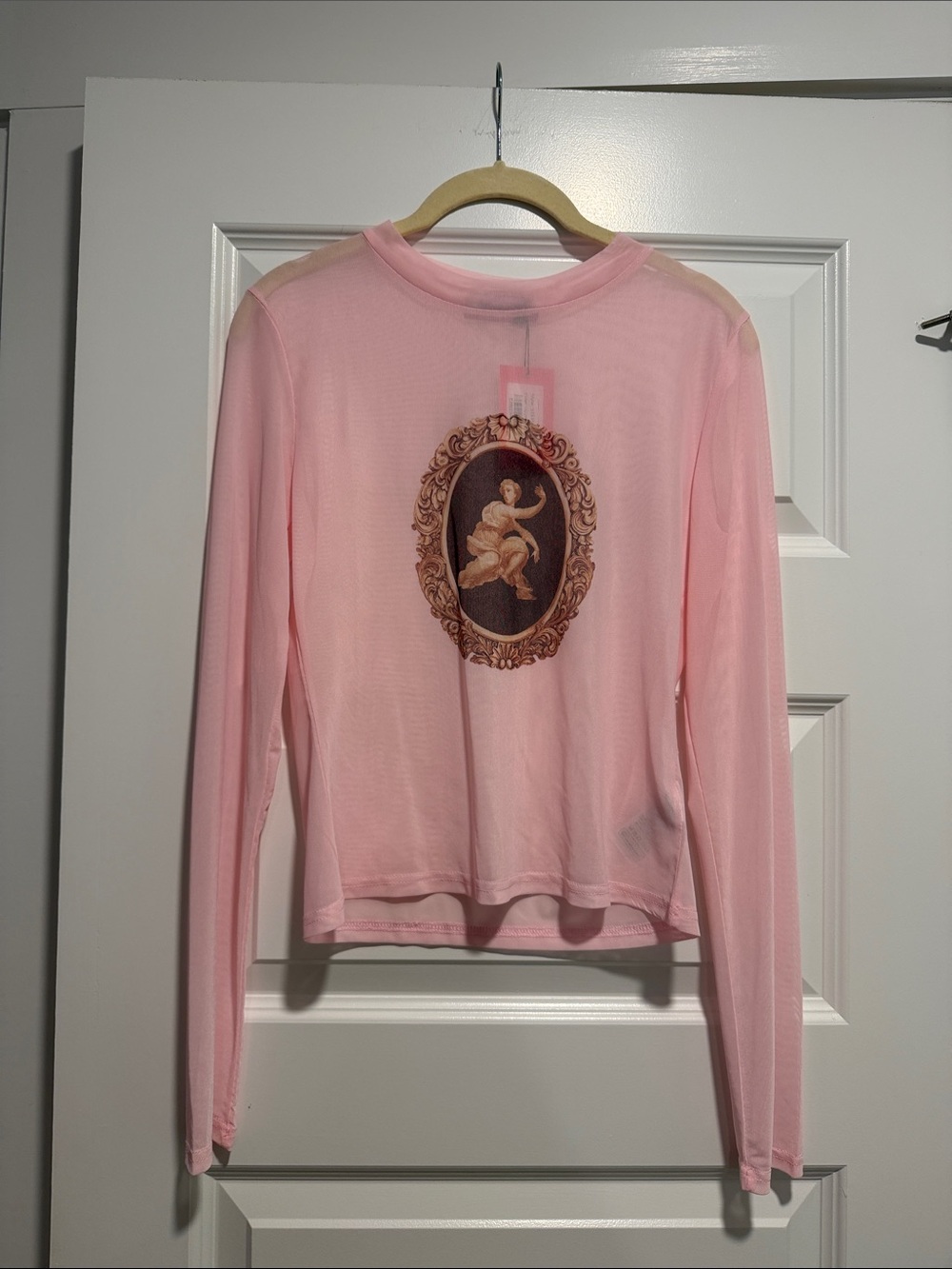 Edikted Pink Sheer Long Sleeve Tee with Framed Angel Print